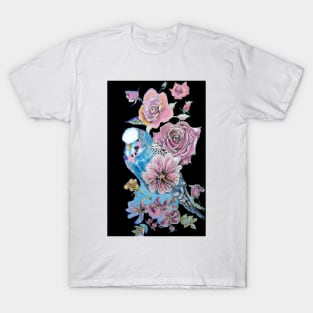 Budgie Watercolor Blue and Roses Painting on Black T-Shirt